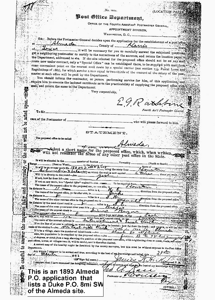 Application for Almeda Texas, Post Office in 1893
