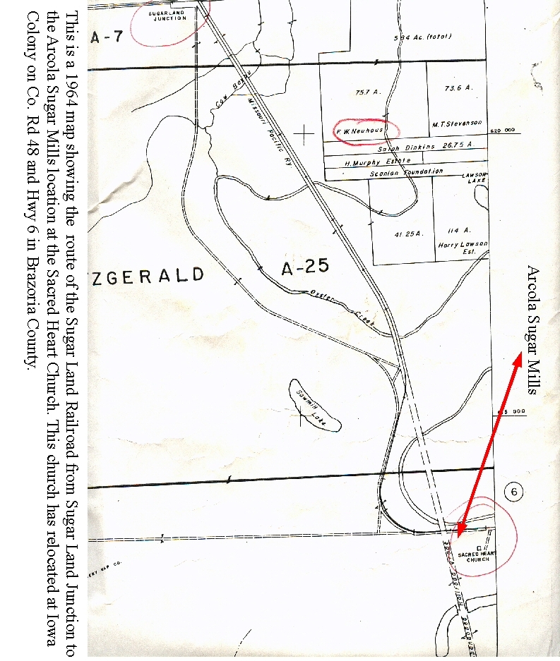 Map from Sugar Land Junction to Sacred Heart Catholic Church at Arcola Sugar Mills.