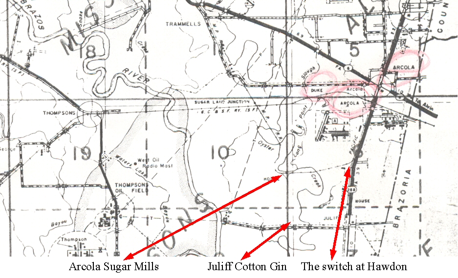 This map shows Trammells, the original McKeever Rd, the Sugar Land Junction at the Santa Fe crossing, Duke and 3 locations for Arcola.